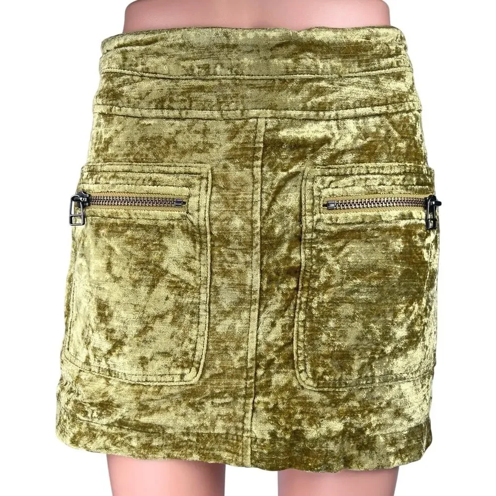 Free People Dust to Dust Green Crushed Velvet Velour Mini Pencil A-line Skirt 2